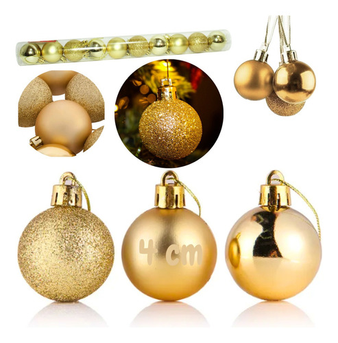 Tubo 20 Bolas Enfeite Natal Decoração Árvore Pendurar 4 Cm Cor Dourado Tri tons lisa fosca gliter