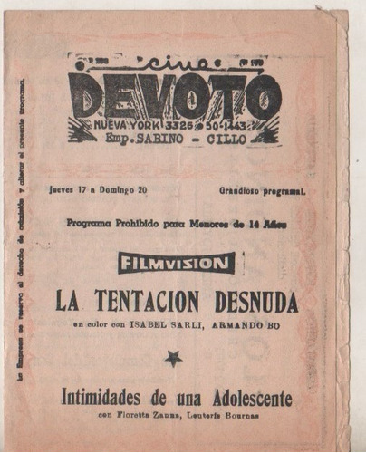 Antiguo Programa Cine * Devoto * Isabel Sarli -  Año 1968