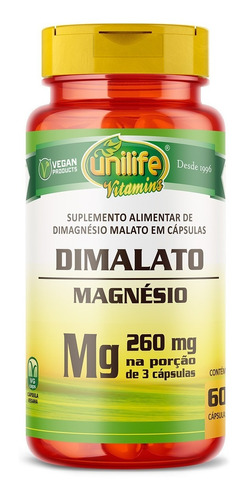 Magnésio Dimalato 260mg Unilife Magnesium Vegano 60 Cápsulas