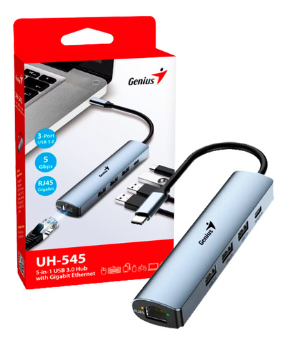 Hub Genius Uh-545 5 En 1 Usb-c +3xusb3.0 +lan + Usb-c Gris
