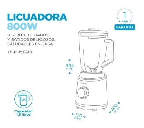 Imagen 2 de 4 de Licuadora Midea Inox Con Jarra De Vidrio 1,5 L. 800w M115xar