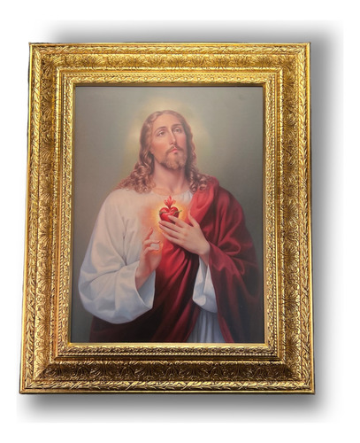 Cuadro Sagrado Corazón Marco En Hoja De Oro 56cmx46cm