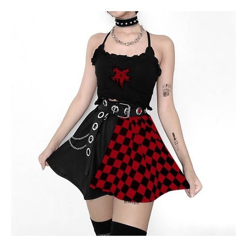 Minifalda De Cintura Alta Con Costura A Cuadros Punk Sexy