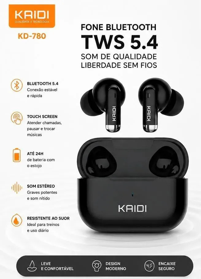 Fone Bluetooth 5.4 Sem Fio Tws Kaidi Kd780 Graves Potentes Preto · foto 2