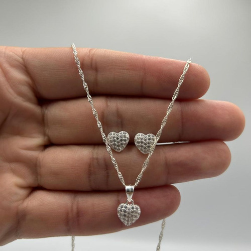 Conjunto Coração Cravejado De Prata 925 Dia Das Mães Cor Prateado