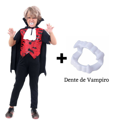 Roupa De Vampiro Inf Com Camisa Calça Lenço Capa E Dentadura