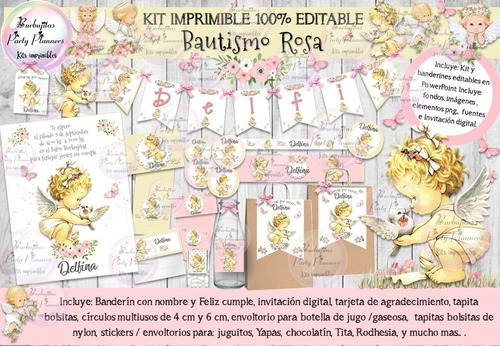 Kit Imprimible Candy Angelito Bautismo Rosa  100% Editable