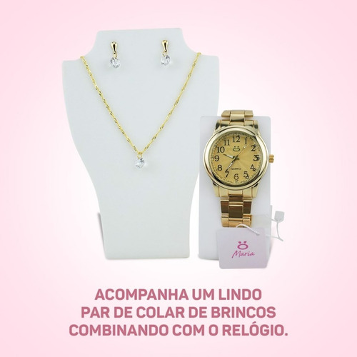 Relógio Feminino Orizom Dourado Original Kit Colar Brincos