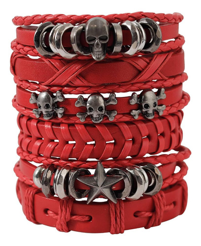 Milakoo Pulseras De Calavera Punk Góticas De Cuero Pu Rojo P