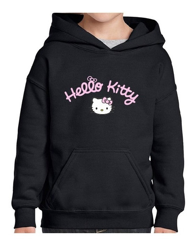 Buzo Canguro Hoodie Negro Hello Kitty Logo Curvado - Unisex