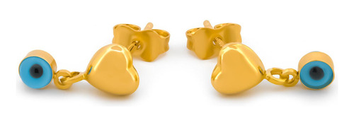 Aretes Corazón Y Ojito 1.2 Cm Oro Sólido 14k