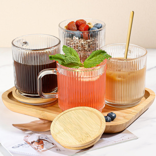 Juego De 4 Tazas De Café De Vidrio Con Tapas De Bambú Y Cuch