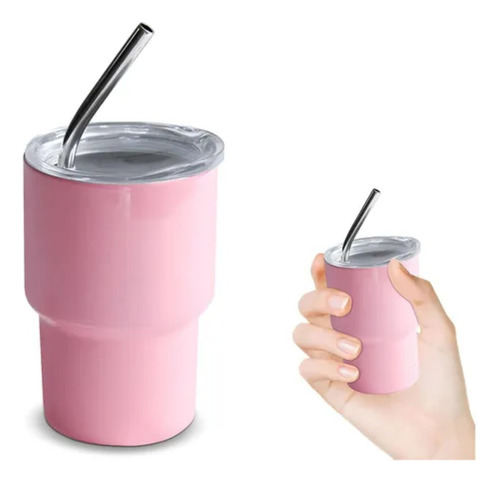 Mini Termo Taza Tequilero Shot 80ml Varios Colores C/ Popote Rosa Claro