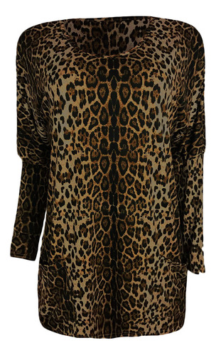 Blusa De Manga Larga Con Cuello En V Y Estampado De Leopardo