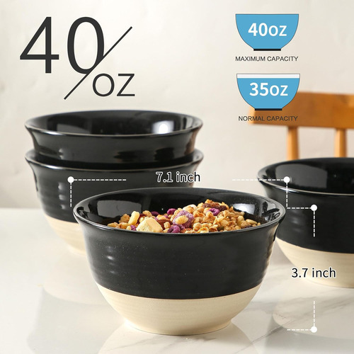 Cuencos Hasense, De Porcelana, Cap 1.18 L, Negro, 4 Piezas