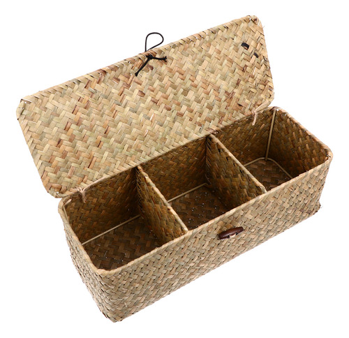 Cesta De Almacenamiento Rectangular De Ratán Tejida Con Tapa