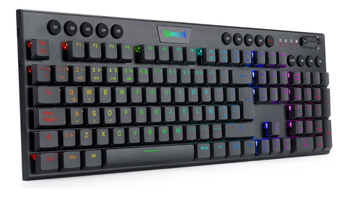 Teclado gamer bluetooth Redragon Horus K618 QWERTY Redragon Low profile Linear Red español latinoamérica color negro con luz RGB
