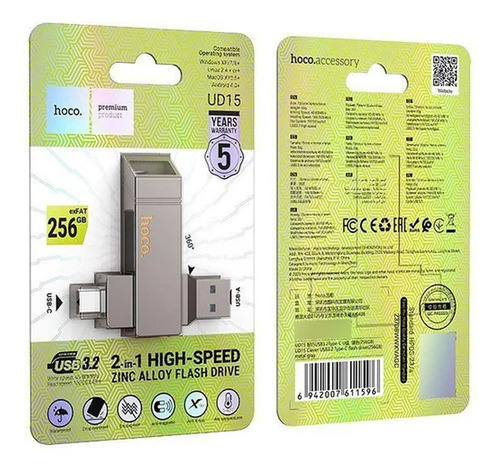 Pendrive Dual Tipo C Usb 3.0 Hoco Ud15 256 Gb Metal