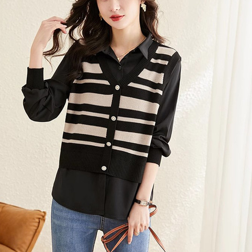Conjunto De Blusa Ilusión Y Chaleco Tejido Para Mujer