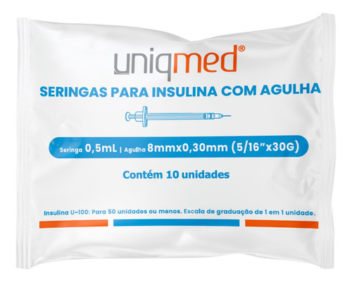 Seringas Para Insulina Uniqmed 100u 0,5ml 8mm 30g Com 100 Un