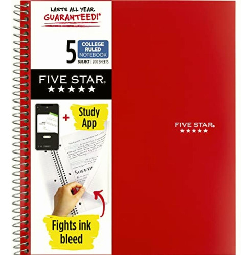 Five Star Spiral Notebook, 5 Subject, College Ruled Paper,