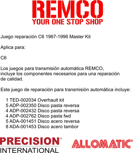 Kit Reparacion Transmision Auto C6 E350 Van 1976-88 6.6l