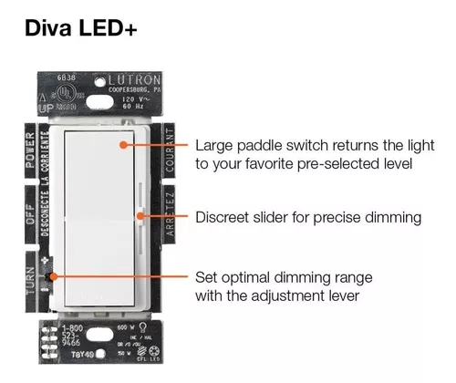 Regulador de intensidad para luces LED/CFL Lutron Diva con placa de  fijación, DVWCL-153PH-WH, 150.0watts