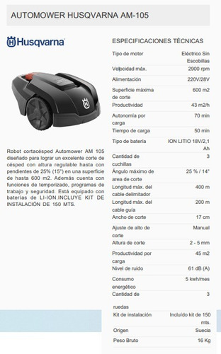 Imagen 6 de 10 de Robot Cortacesped Husqvarna Automower Am105 Area 600mts 15°