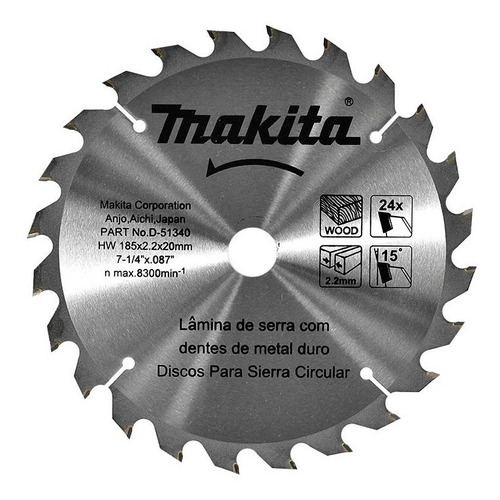 Disco De Sierra Makita 7 1/4 Pulg X 20mm X 24 Dientes Para Madera + Anillo Reductor