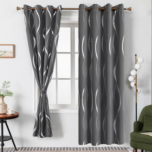 J Cortinas Blackout Con Línea Ondulada Color Raya Gris