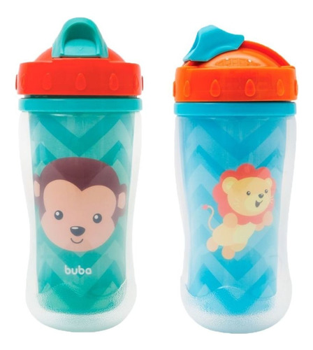 2 Copinhos Bebe Garrafinha Squeeze Canudo Bichinhos Infantil Cor Macaco/Leão