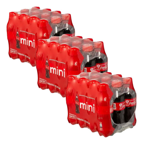 3 Packs Refrigerante Coca-Cola Mini Garrafa 12 Unidades 200ml Cada
