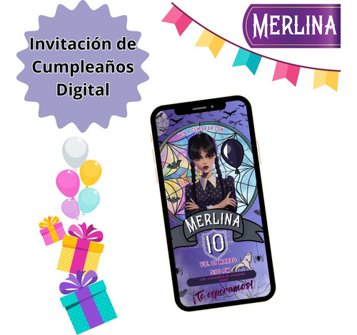 Invitación Digital De Cumpleaños  Merlina 