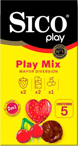 Sico play pack 5 pzas mix condón texturizado y sabores mixtos 