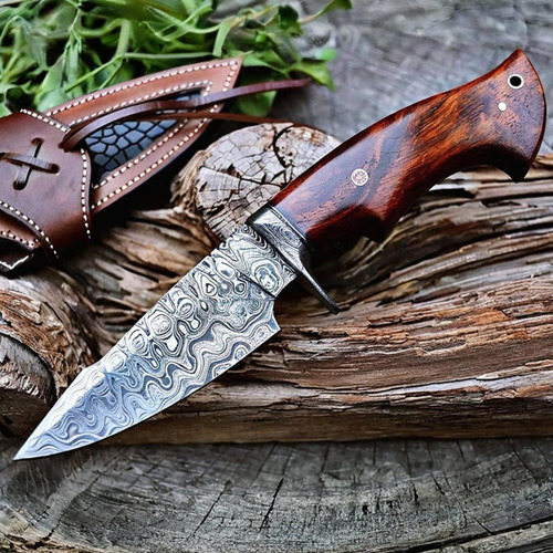 Cuchillo De Caza Damasco 10 Pulgadas Con Funda De Cuero