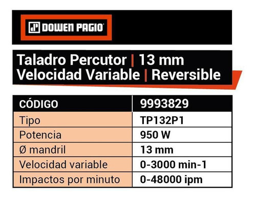 Imagen 7 de 9 de Taladro percutor atornillador eléctrico de 13mm Dowen Pagio TP132P1 950W + accesorio con caja de cartón 220V 50Hz