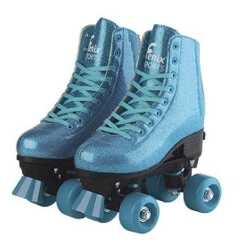 Patins Roller Skate 4 Rodas Azul Glitter Brilho 31/34 Fenix