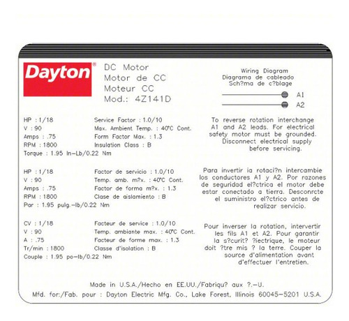 Motor Dayton 4z141d 90vdc 1/18hp 1800rpm Flecha 1/2