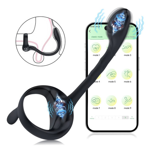App Control Anillo Pene 2 En 1 Plug Anal Clítoris Vibrador Color Negro