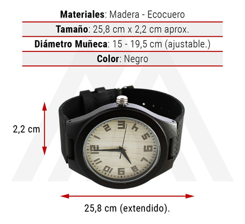 Imagen 4 de 10 de Reloj Madera Correa Cuero Negro Marcadores Numéricos