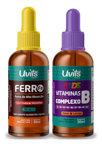 Kit Ferro Bisglicinato 30ml + Complexo B Kids 30ml Uvits Sabor Frutas Vermelhas