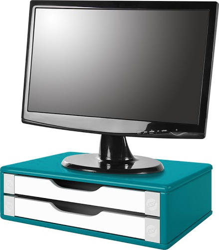 Suporte Monitor Gaveteiro Mdf Azul Com 2 Gavetas Brancas