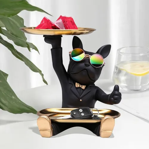 Escultura De Bulldog Francés, Figura De Perro Con Bandeja,