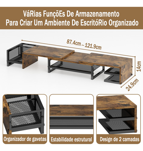 Suporte Monitor Base Informática Prateleira Setup Extensível Marrom