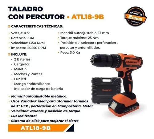 Taladro Percutor Inalambrico Mandril Metal 13mm 18v Lusqtoff