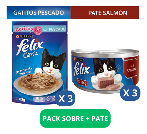 Pack 3 Sobres Gatitos Pescado 85gr + 3 Pate De Salmon 156gr