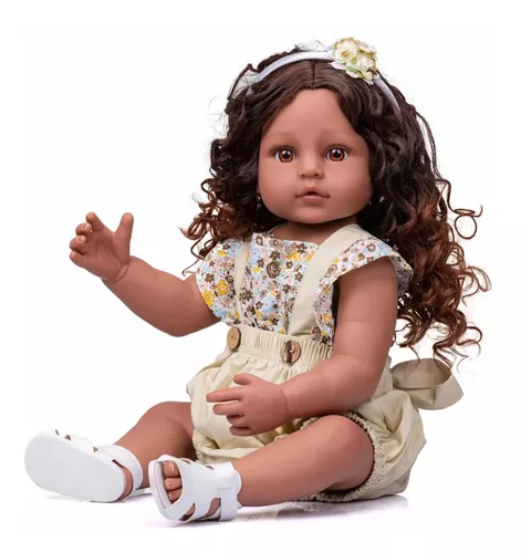 Boneca Reborn Bebe Silicone Menina Cabelo Cacheado 57cm em