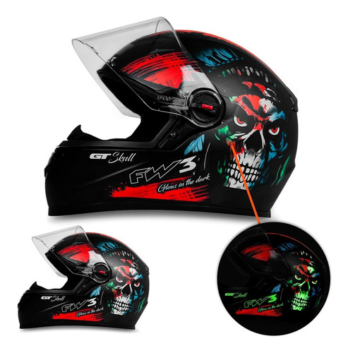 Capacete Gt Skull Caveira Com Viseira Camaleão Fw3 Cor Preto-brilhante Tamanho do capacete 58