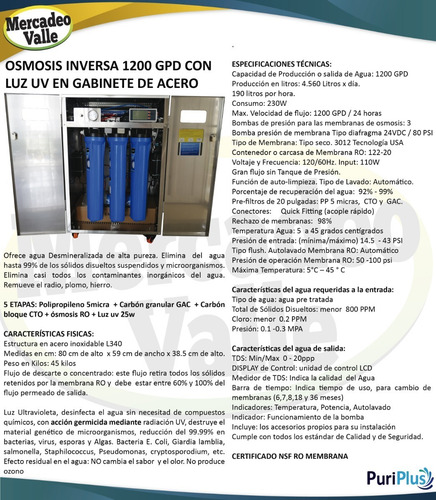 Osmosis 1200 Gpd Ultravioleta Gabinete Acero Filtro De Agua