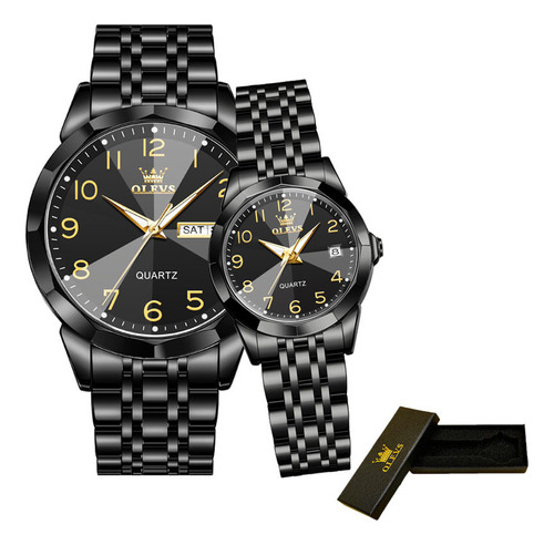 Reloj de pulsera Olevs 9970 de cuerpo color plateado, analógico, fondo negro, con correa de acero inoxidable color y mariposa